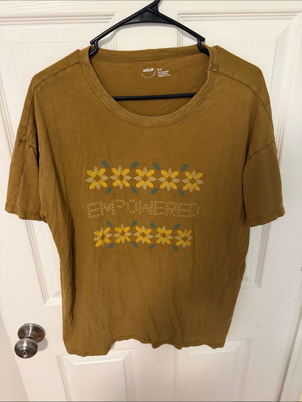 Aria Mustard Brown Short-Sleeve Tee with Yellow Floral Embroidery